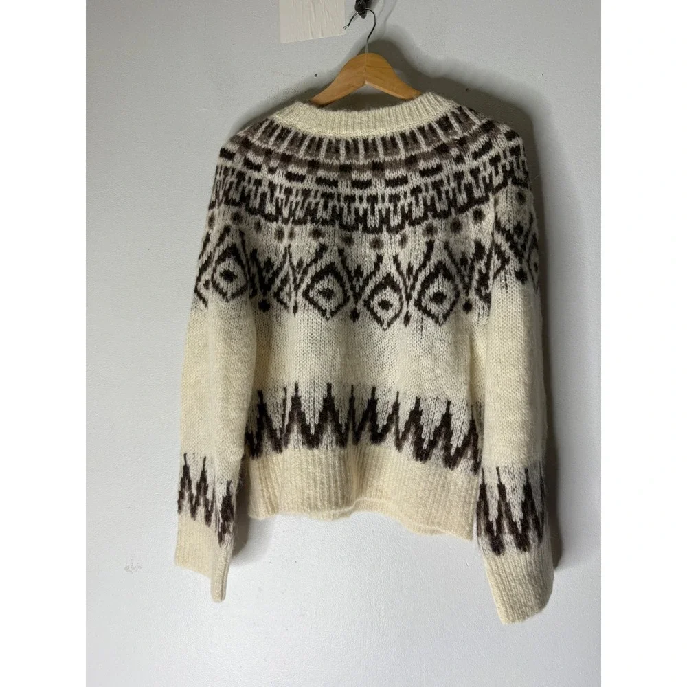 Madewell fair isle boxy sweater white brown merino wool blend small NWT